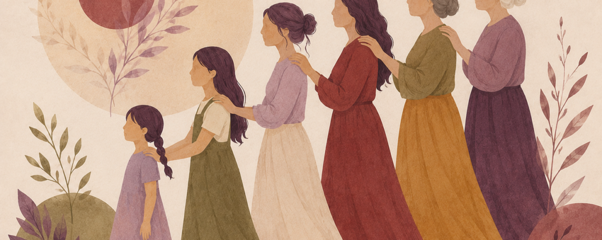Illustration of six generations of women in a lineage, symbolizing breaking cycles of inherited trauma