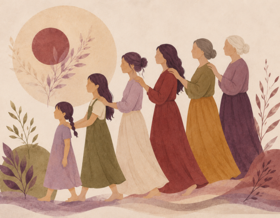 Illustration of six generations of women in a lineage, symbolizing breaking cycles of inherited trauma